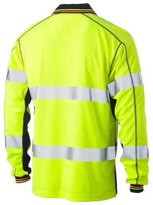 The Bisley Hi Vis Taped Long Sleeve Polo Shirt is a bright yellow high-visibility workwear shirt featuring reflective taped silver stripes across the back, arms, and waist. It includes black accents on the sides, bottom of the sleeves, and collar. Crafted from breathable fabric, it ensures comfort throughout your workday.