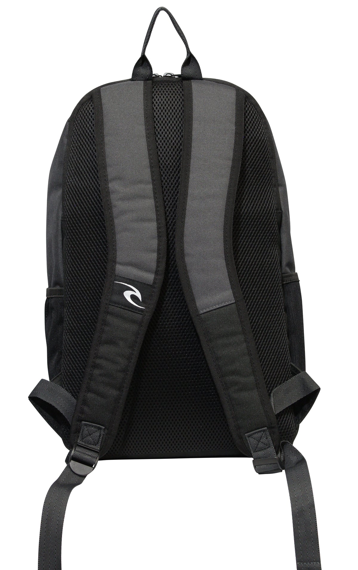 The Rip Curl Ozone 30L School Backpack in black and grey features padded shoulder straps, a mesh back, and an insulated cooler compartment. A small logo near the adjustable straps ensures comfort while the top handle adds convenience and style for carrying essentials.