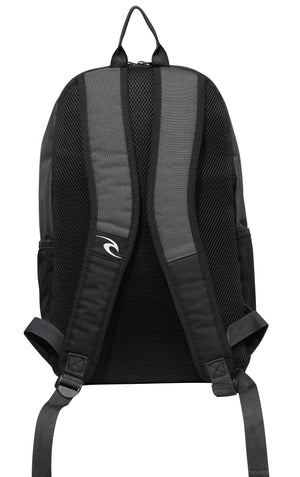 The Rip Curl Ozone 30L School Backpack in black and grey features padded shoulder straps, a mesh back, and an insulated cooler compartment. A small logo near the adjustable straps ensures comfort while the top handle adds convenience and style for carrying essentials.