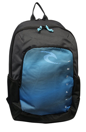 The Rip Curl Ozone 30L School Backpack is a black backpack with a blue front pocket featuring a diagonal stripe design and the "Rip Curl" logo printed vertically. It includes an insulated cooler compartment, laptop section, top handle, and adjustable shoulder straps for comfort.