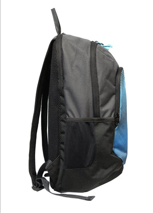 The Rip Curl Ozone 30L School Backpack boasts a stylish black and blue design, black straps, a zippered front pocket with a striped pattern, a mesh side pocket, and a top carry loop. It's built for durability and includes an insulated cooler compartment for convenience.