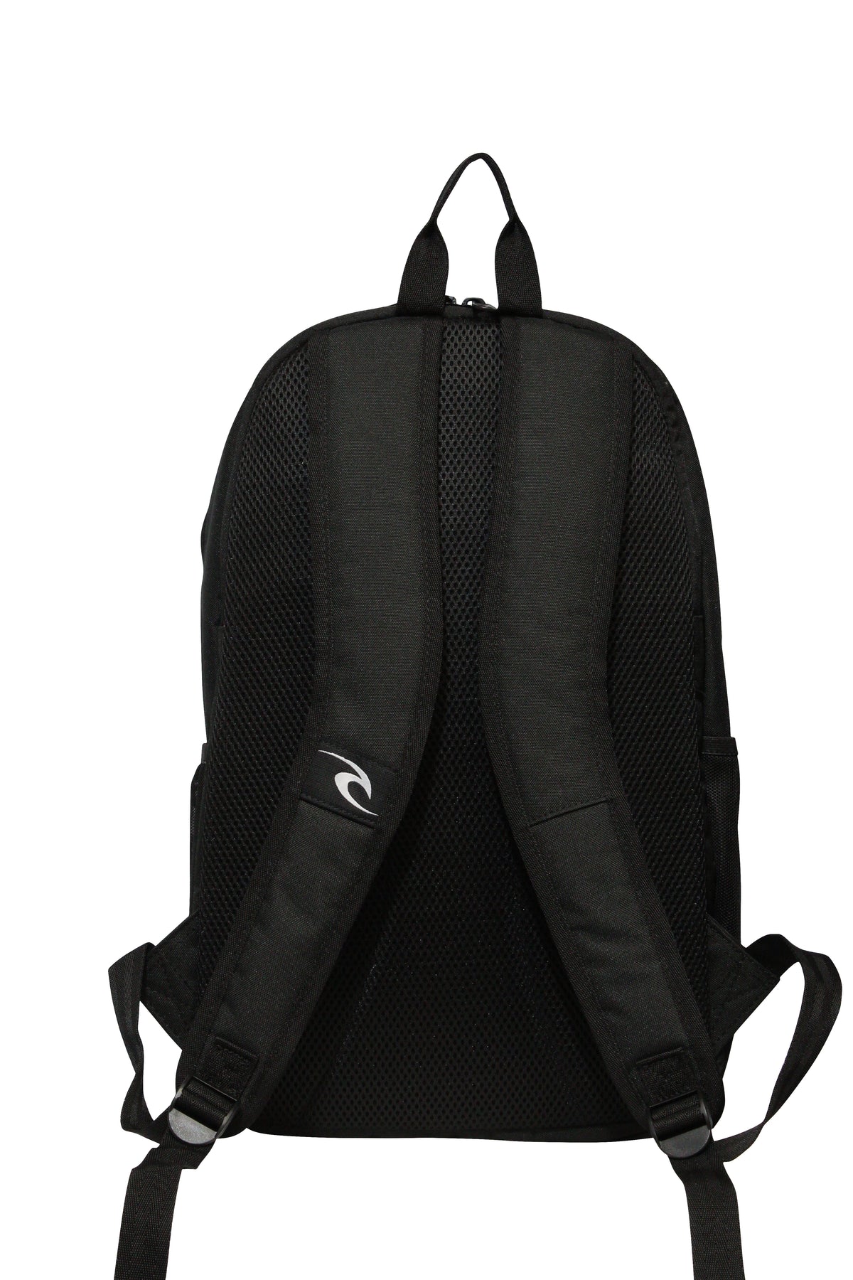 The Rip Curl Ozone 30L School Backpack in black is shown from the back, highlighting its adjustable shoulder straps and a small logo on one strap. Made from durable, recycled polyester, it includes an insulated cooler compartment for keeping snacks fresh.