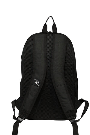 The Rip Curl Ozone 30L School Backpack in black is shown from the back, highlighting its adjustable shoulder straps and a small logo on one strap. Made from durable, recycled polyester, it includes an insulated cooler compartment for keeping snacks fresh.