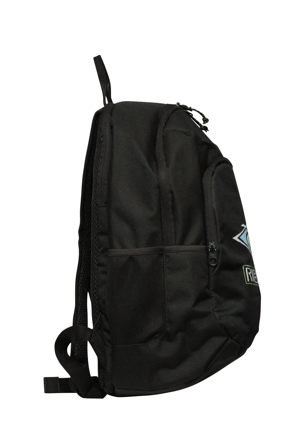 Side view of the Rip Curl Ozone 30L black school backpack, featuring a logo, zippered pocket on the front, recycled polyester fabric, top loop, adjustable straps, insulated cooler compartment, and a side mesh pocket.