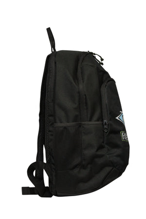 Side view of the Rip Curl Ozone 30L black school backpack, featuring a logo, zippered pocket on the front, recycled polyester fabric, top loop, adjustable straps, insulated cooler compartment, and a side mesh pocket.
