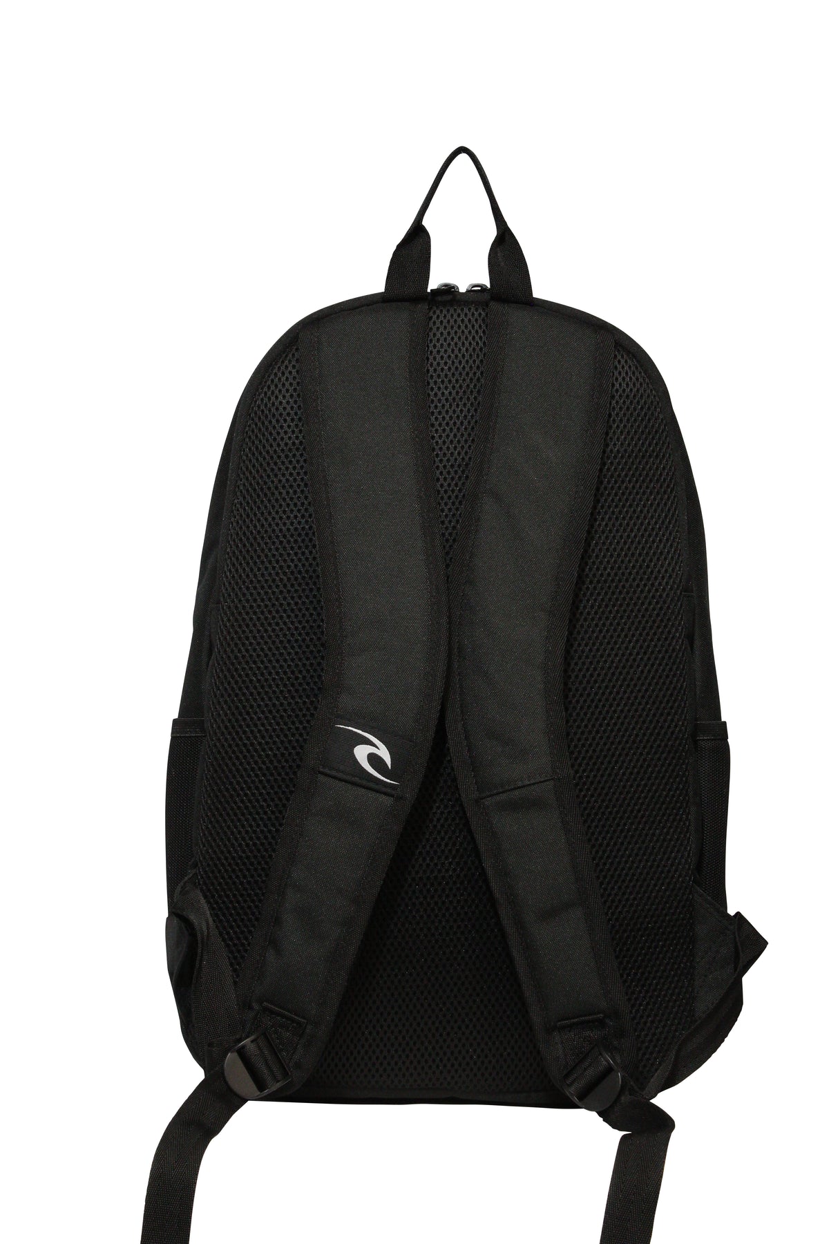 The Rip Curl Ozone 30L School Backpack, shown from the back, is in black and crafted from recycled polyester. It features padded shoulder straps with a wave-like logo on one and includes a laptop section. Adjustable bottom straps ensure it fits all your essentials perfectly.