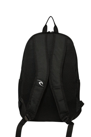The Rip Curl Ozone 30L School Backpack, shown from the back, is in black and crafted from recycled polyester. It features padded shoulder straps with a wave-like logo on one and includes a laptop section. Adjustable bottom straps ensure it fits all your essentials perfectly.