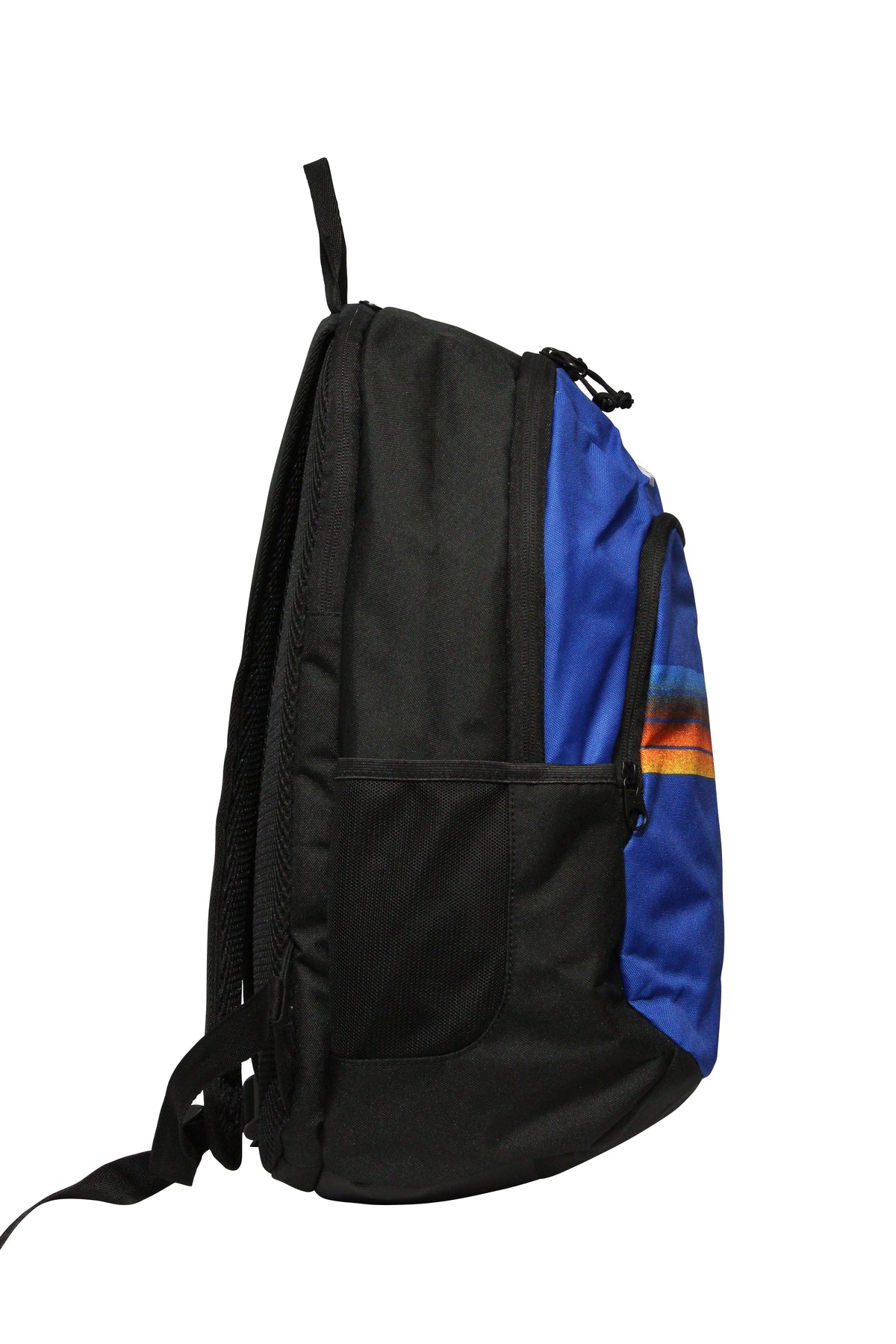 Side view of the Rip Curl Ozone 30L School Backpack shows a black body with a blue front pocket made from recycled polyester, featuring a horizontal orange and yellow stripe. It also includes shoulder straps, a top handle, and a convenient laptop section.