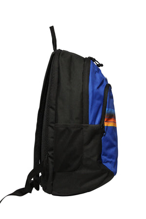 Side view of the Rip Curl Ozone 30L School Backpack shows a black body with a blue front pocket made from recycled polyester, featuring a horizontal orange and yellow stripe. It also includes shoulder straps, a top handle, and a convenient laptop section.