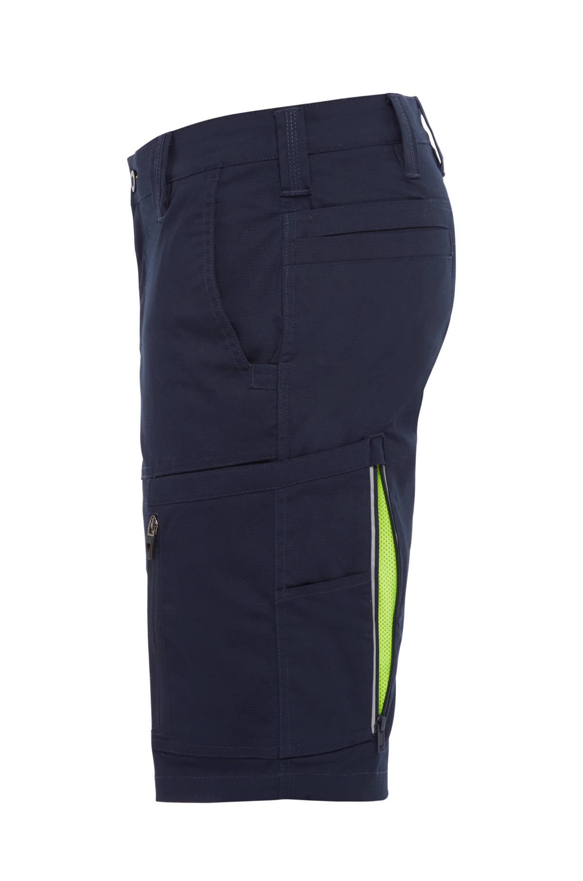 Side view of dark blue Bisley X Airflow Stretch Ripstop Vented Cargo Shorts features a bright green zippered pocket, multiple compartments, belt loops, button closure, and reflective zip leg ventilation for functionality and style.