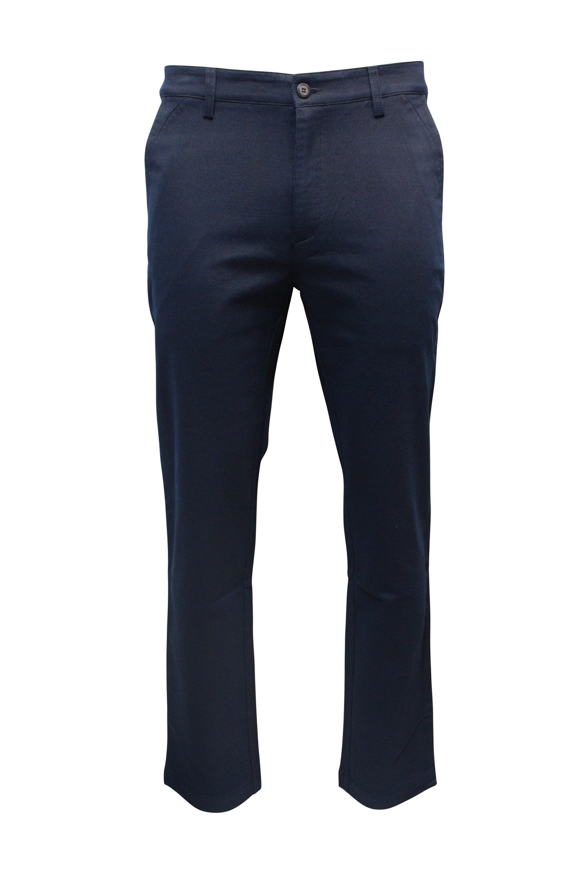 Navy blue Bob Spears Casual Stretch Pant on a white background, crafted from a Cotton Polyester Spandex blend. These sleek, comfortable trousers feature button closure, belt loops, and side pockets for added functionality.