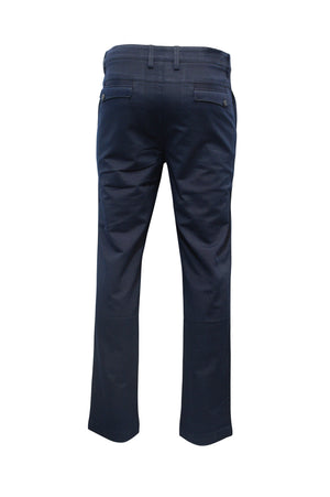 The Bob Spears Casual Stretch Pant in navy blue, made from a Cotton Polyester Spandex blend, offers comfort with two buttoned back pockets and belt loops. The rear view showcases neatly pressed fabric and visible stitching details.