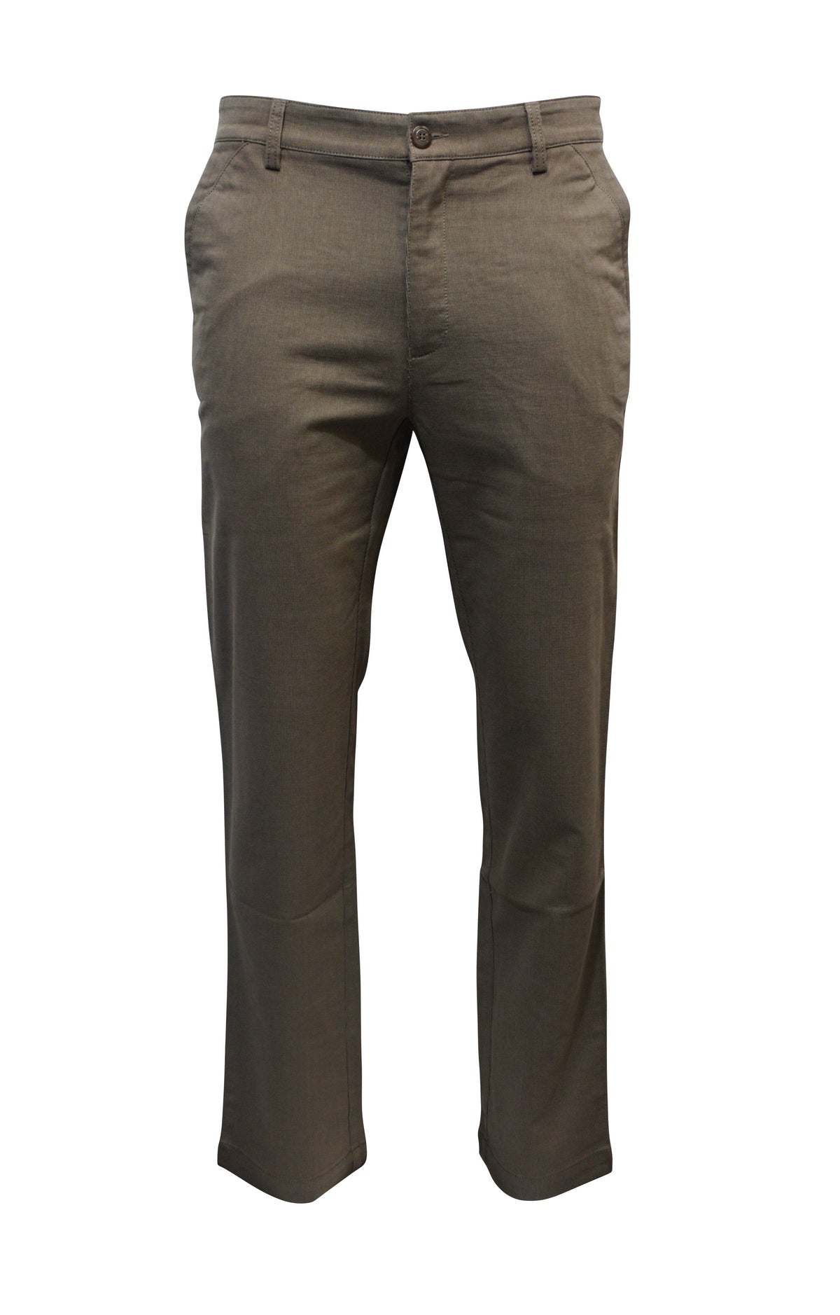 The Bob Spears Casual Stretch Pant is a pair of brown dress pants, crafted from a cotton polyester spandex blend for comfort. With button and zipper closure, side pockets, and a tailored look, they're displayed against a white background.