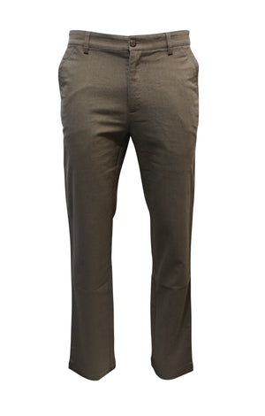 The Bob Spears Casual Stretch Pant is a pair of brown dress pants, crafted from a cotton polyester spandex blend for comfort. With button and zipper closure, side pockets, and a tailored look, they're displayed against a white background.