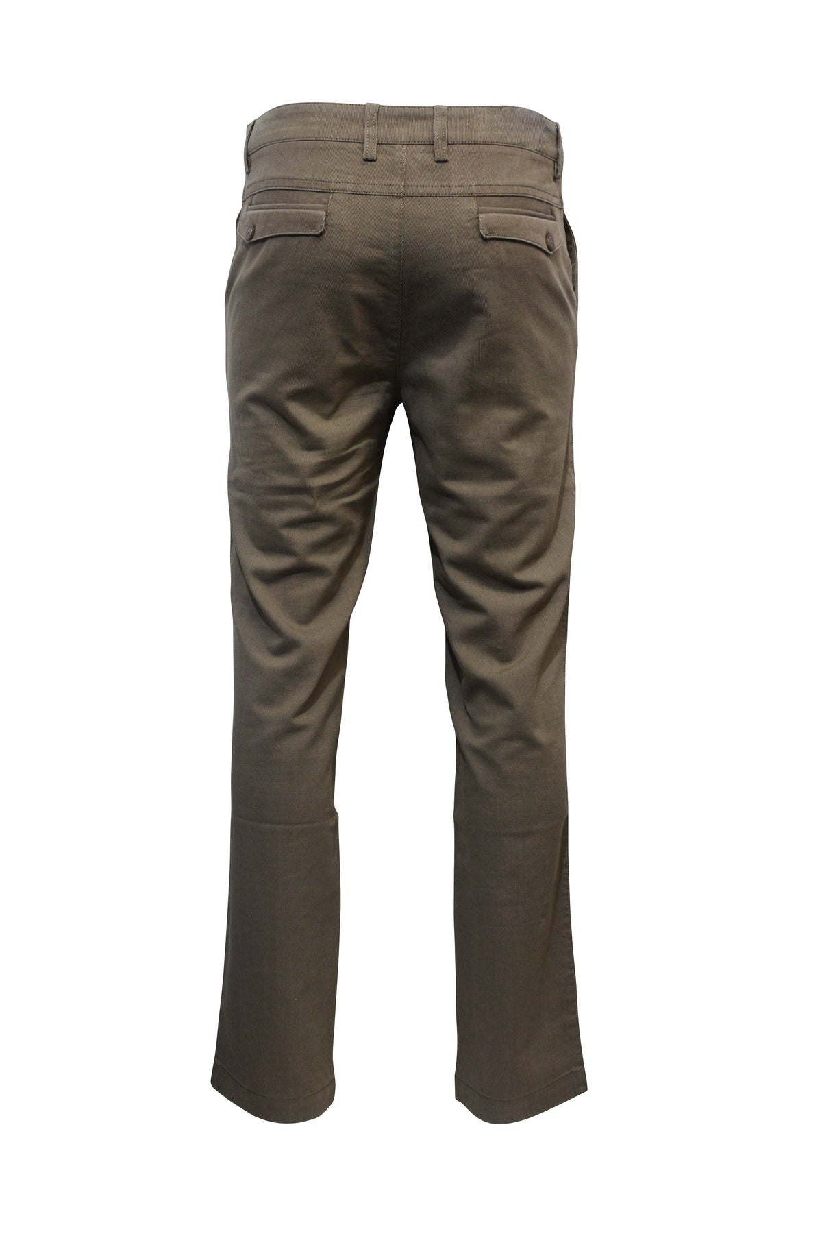 The Bob Spears Casual Stretch Pant showcases slim cut legs and two buttoned welt pockets in brown from the back. Made from a Cotton Polyester Spandex blend, they provide comfort with a textured fabric, and the waistband includes belt loops for practicality.