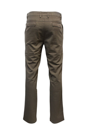 The Bob Spears Casual Stretch Pant showcases slim cut legs and two buttoned welt pockets in brown from the back. Made from a Cotton Polyester Spandex blend, they provide comfort with a textured fabric, and the waistband includes belt loops for practicality.