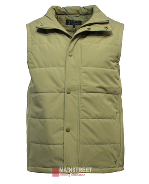 The Pilbara Vest is a beige quilted microfibre vest with a button-up front and a "MAINSTREET" label at the bottom. This sleeveless design includes a high collar and polyfill padding for warmth and style.
