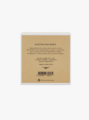 A square label featuring "AUSTRALIAN MADE" at the top, outlines instructions for using RM Williams Stockmans Boot Polish: apply the boot polish with a clean cloth, buff briskly for a high shine and to restore color and shine. It recommends use with R.M. Williams Leather Conditioner. The bottom of the label includes the company's information along with a recycle symbol.