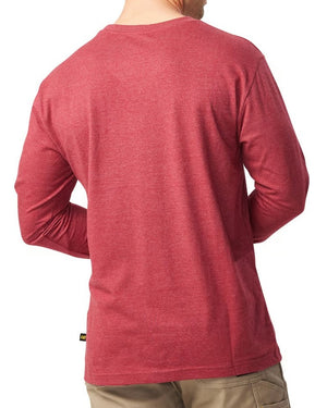 A person is wearing a comfortable CAT Trademark Banner Long Sleeve Tee in red, viewed from the back, paired with beige pants. The shirt features no visible designs or logos on the back, and the individual has short hair.