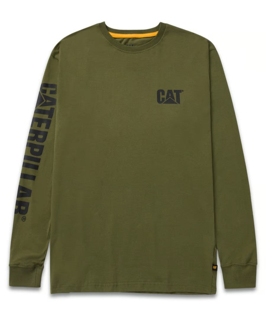 The CAT Trademark Banner Long Sleeve Tee is an olive green, 100% cotton shirt with the "CAT" logo on the chest and "Caterpillar" down the left sleeve in black. It's a comfortable choice for work and casual outings.