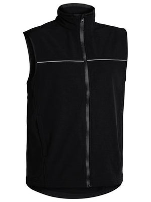 The Bisley Soft Shell Vest is a black, sleeveless vest featuring a high collar and a full-length front zipper. It boasts reflective piping across the chest for enhanced visibility and convenient side pockets with zippers. The lightweight material is showerproof, making it ideal for outdoor activities while ensuring comfort.