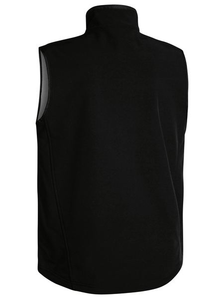 A rear view of the Bisley Soft Shell Vest in black. This comfortable, sleeveless vest boasts a high collar and is crafted from a smooth, likely showerproof outer material. The design is simple with clean lines, a tailored fit, and subtle reflective piping for added visibility.