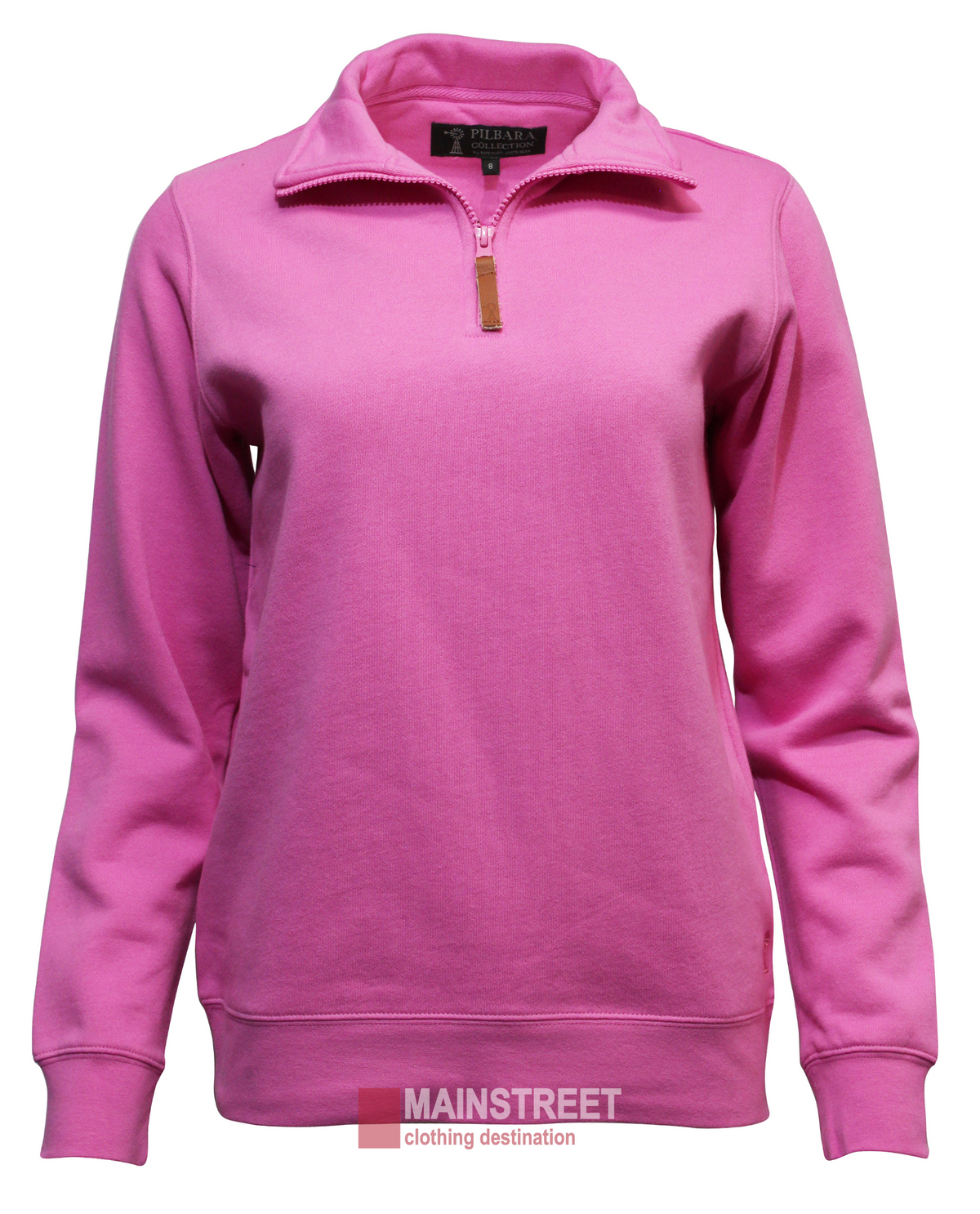 The Pilbara Ladies Classic Fleece Pullover is a long-sleeved, light pink sweatshirt with a cozy fleece lining, quarter zipper, and collar. Displayed on a white background with the MAINSTREET clothing destination logo at the bottom center.