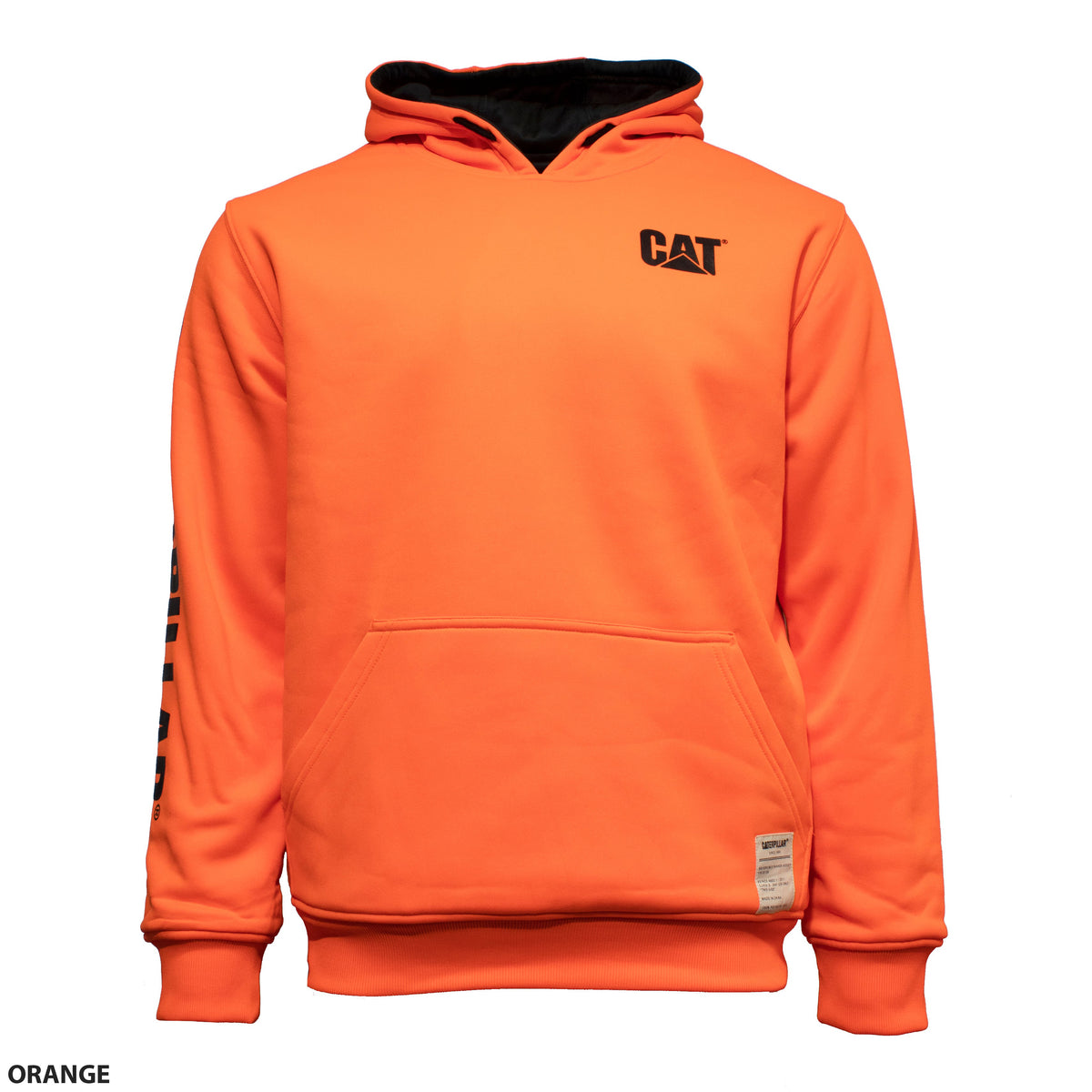 The CAT Reversible Banner Hoodie is bright orange with a black interior hood lining. Made from 100% polyester, this hoodie showcases the "CAT" logo on the left chest and includes a front kangaroo pocket. The left sleeve features a visible design, and there is a small label near the bottom hem. The word "ORANGE" appears in the bottom left corner.