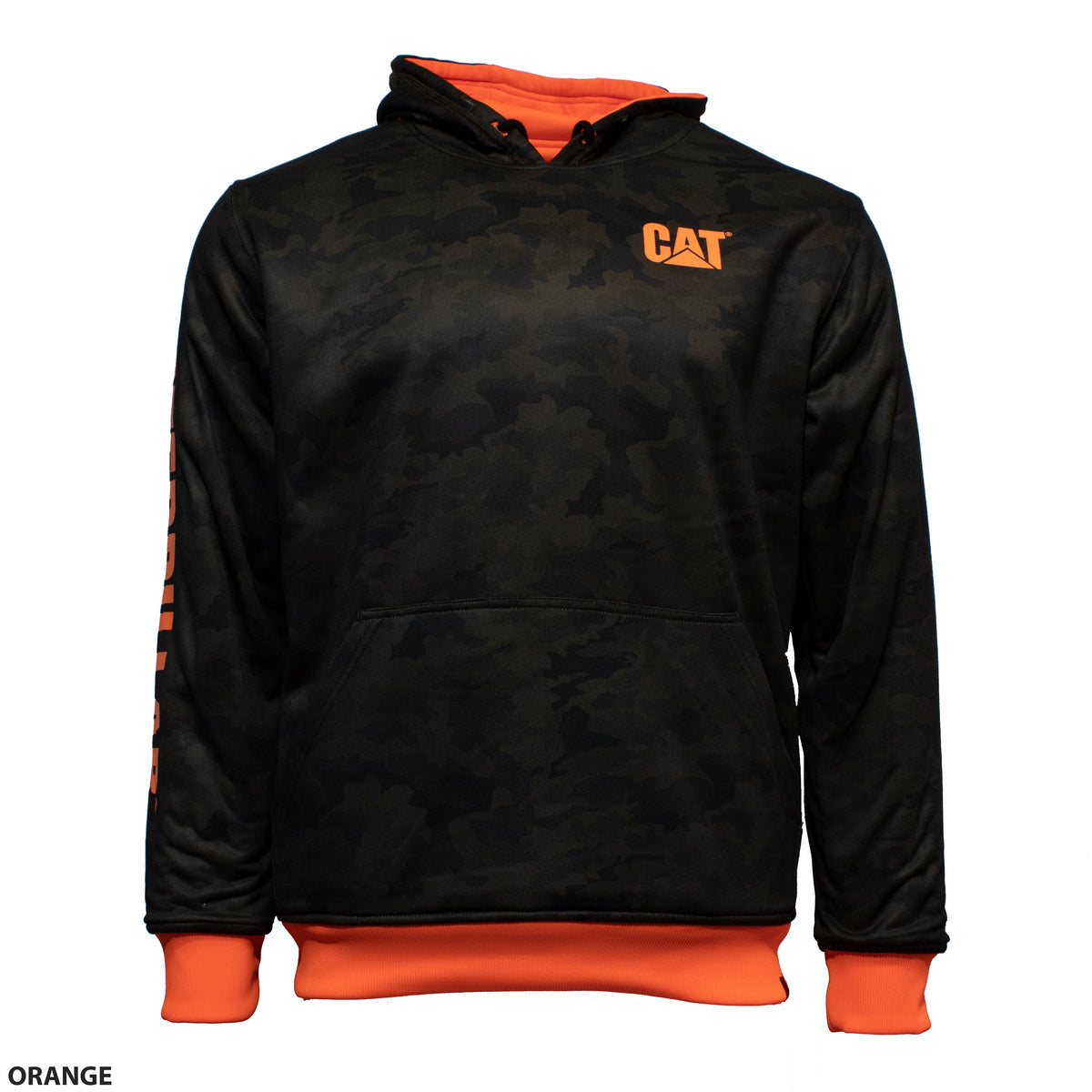 The CAT Reversible Banner Hoodie is a black, camouflage-patterned reversible hoodie made of 100% polyester with orange accents, including an orange lining inside the hood and orange text on the sleeve and chest reading "CAT." The hoodie features a front kangaroo pocket and contrasting orange layers at the hem and cuffs.