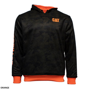 The CAT Reversible Banner Hoodie is a black, camouflage-patterned reversible hoodie made of 100% polyester with orange accents, including an orange lining inside the hood and orange text on the sleeve and chest reading "CAT." The hoodie features a front kangaroo pocket and contrasting orange layers at the hem and cuffs.