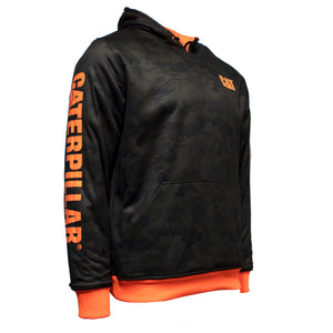 The CAT Reversible Banner Hoodie is a black hooded sweatshirt with orange "Caterpillar" text on the right sleeve, a small orange CAT logo on the left chest, and features a kangaroo pocket. The hoodie is accented with orange at the cuffs and hem and is made of 100% polyester in a camouflage pattern.