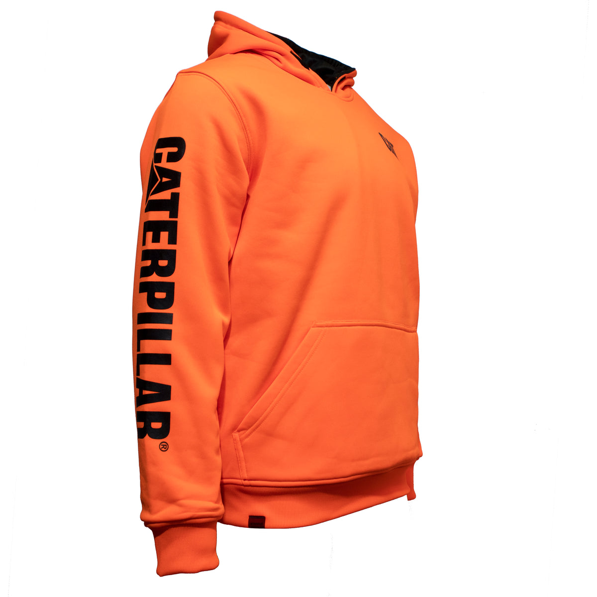 The CAT Reversible Banner Hoodie is an orange hooded sweatshirt with "Caterpillar" written in bold black letters down the length of the right sleeve. This 100% polyester hoodie features a front kangaroo pocket, a small CAT logo on the left side of the chest, and a plain white background.