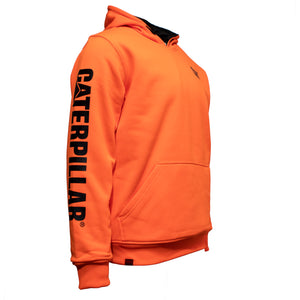 The CAT Reversible Banner Hoodie is an orange hooded sweatshirt with "Caterpillar" written in bold black letters down the length of the right sleeve. This 100% polyester hoodie features a front kangaroo pocket, a small CAT logo on the left side of the chest, and a plain white background.
