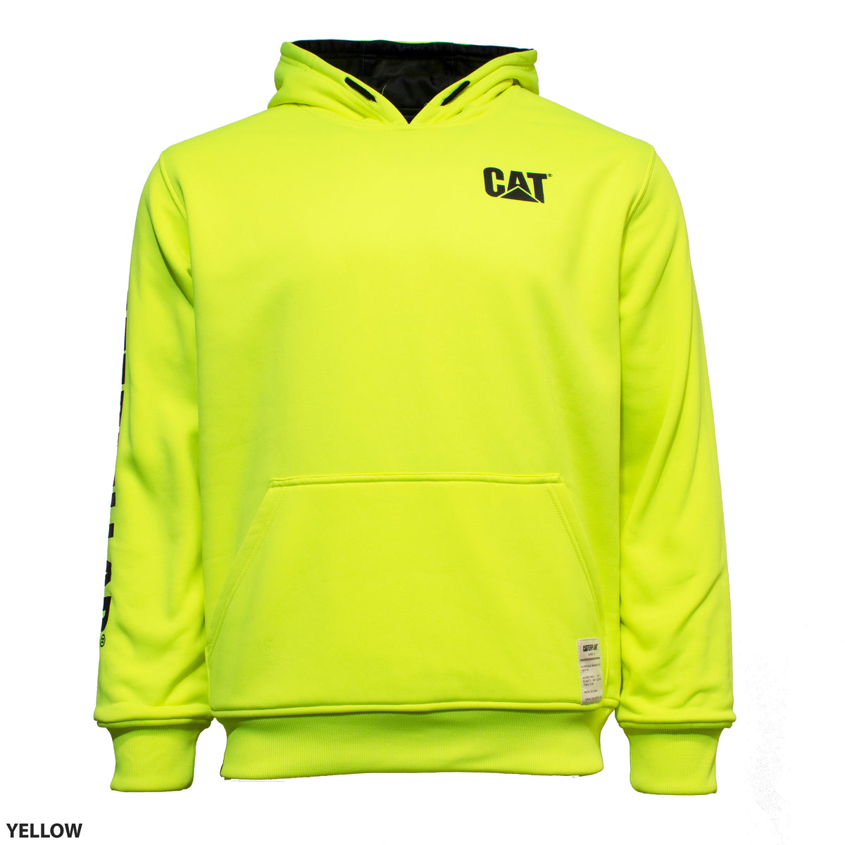 Introducing the CAT Reversible Banner Hoodie: A vibrant yellow, 100% polyester hoodie adorned with the CAT logo on both the chest and left sleeve. It includes a front kangaroo pocket with a small fabric tag nearby and features a contrasting black interior hood.