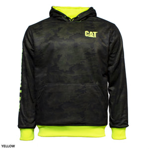 The CAT Reversible Banner Hoodie, featuring a black and neon yellow camouflage pattern, displays the "CAT" logo on the front. This 100% Polyester hooded sweatshirt is reversible, showcasing neon yellow accents on the inner hood lining and cuffs. It also includes a convenient front pouch pocket with the word "YELLOW" displayed in the bottom left corner.