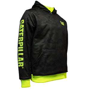 Introducing the CAT Reversible Banner Hoodie: a black camouflage hooded sweatshirt featuring striking bright yellow accents. Adorned with "CATERPILLAR" in large yellow letters on the left sleeve and a small "CAT" logo on the upper left chest, this hoodie is made from 100% polyester. It includes a front pouch pocket and a yellow-lined hood for added style and functionality.