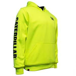 The CAT Reversible Banner Hoodie is a bright yellow 100% Polyester hoodie featuring a front pocket and hood. The bold black word "Caterpillar" is printed along the length of the left sleeve, and the "CAT" logo adorns the left chest.