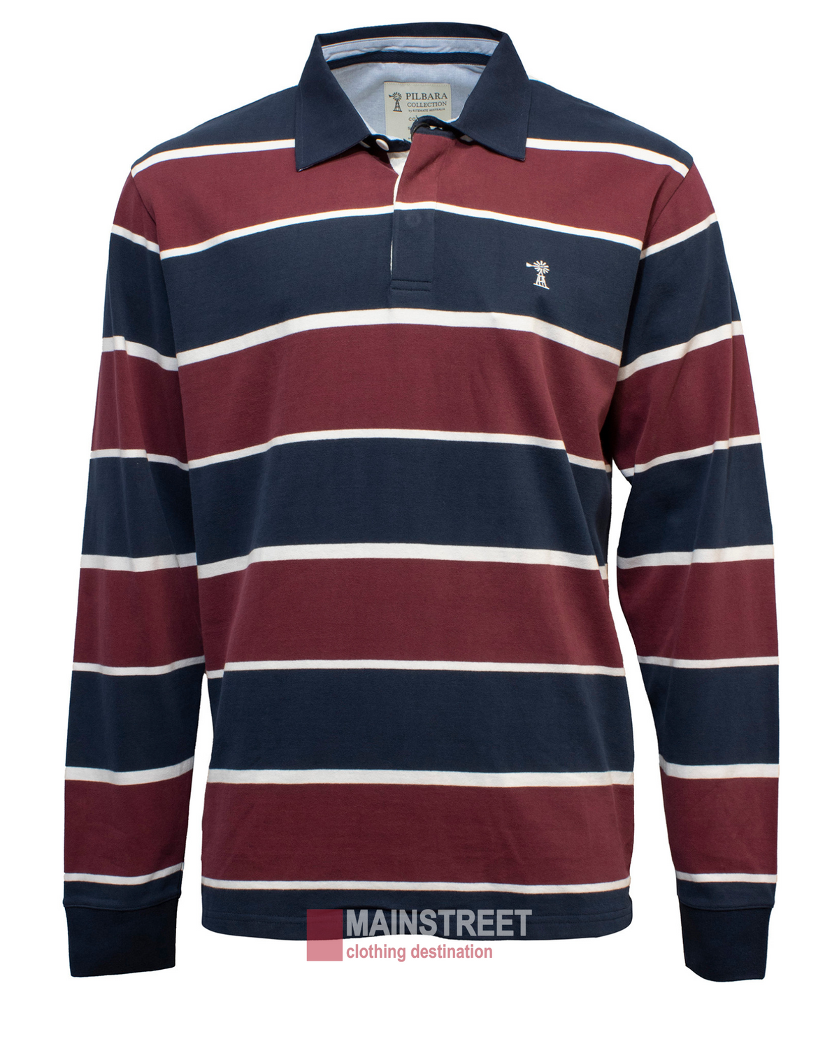 The Pilbara Rugby Jersey is a long-sleeved shirt featuring dark blue, burgundy, and white stripes. Made from 100% cotton, it's ideal for casual wear and includes a collar with a small embroidered emblem on the left chest.