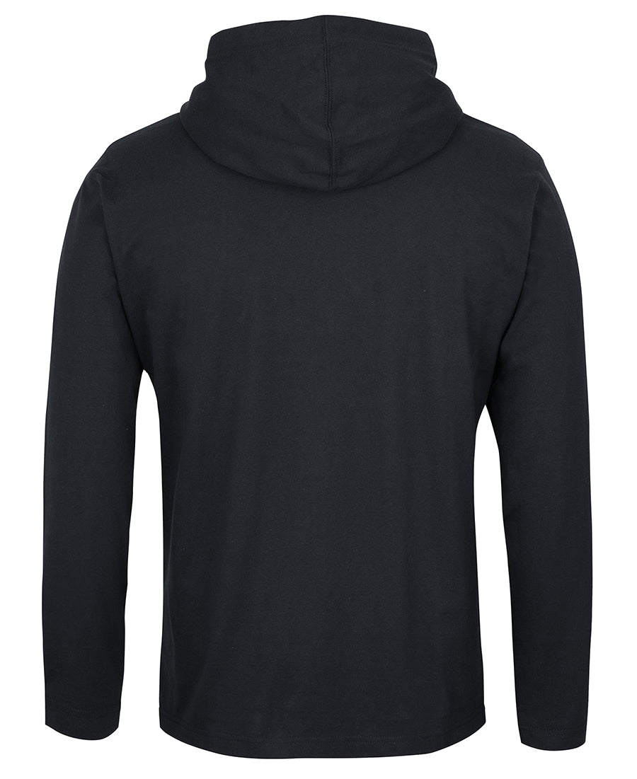 The JBs L/S Hooded Tee is showcased from the back, highlighting its hood, long sleeves, and minimalist solid black design without any logos or patterns. Crafted from 100% cotton for ultimate comfort and breathability, this regular-fit long sleeve hooded tee is a versatile addition to any wardrobe.