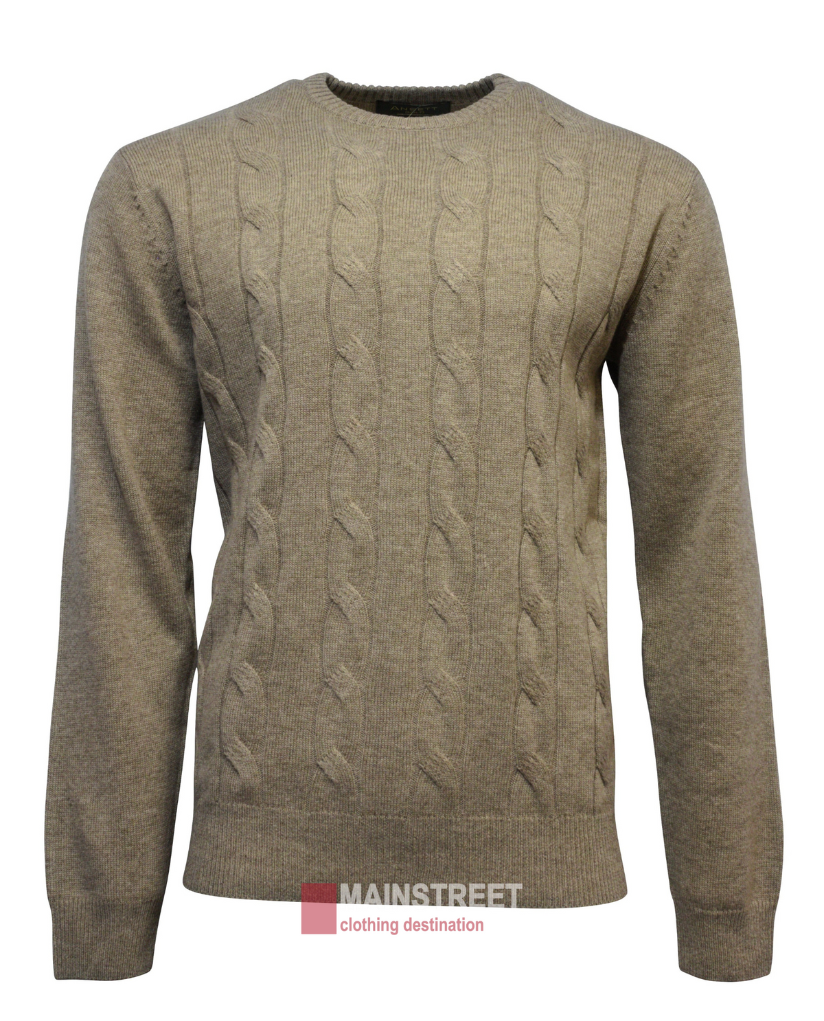 The Ansett Gold Luxury Wool Cashmere Cable Crew Neck is a gray cable-knit sweater made from a luxurious wool blend. It has a round neckline, subtle textured pattern, long sleeves, and features the "Mainstreet, clothing destination" logo at the bottom.