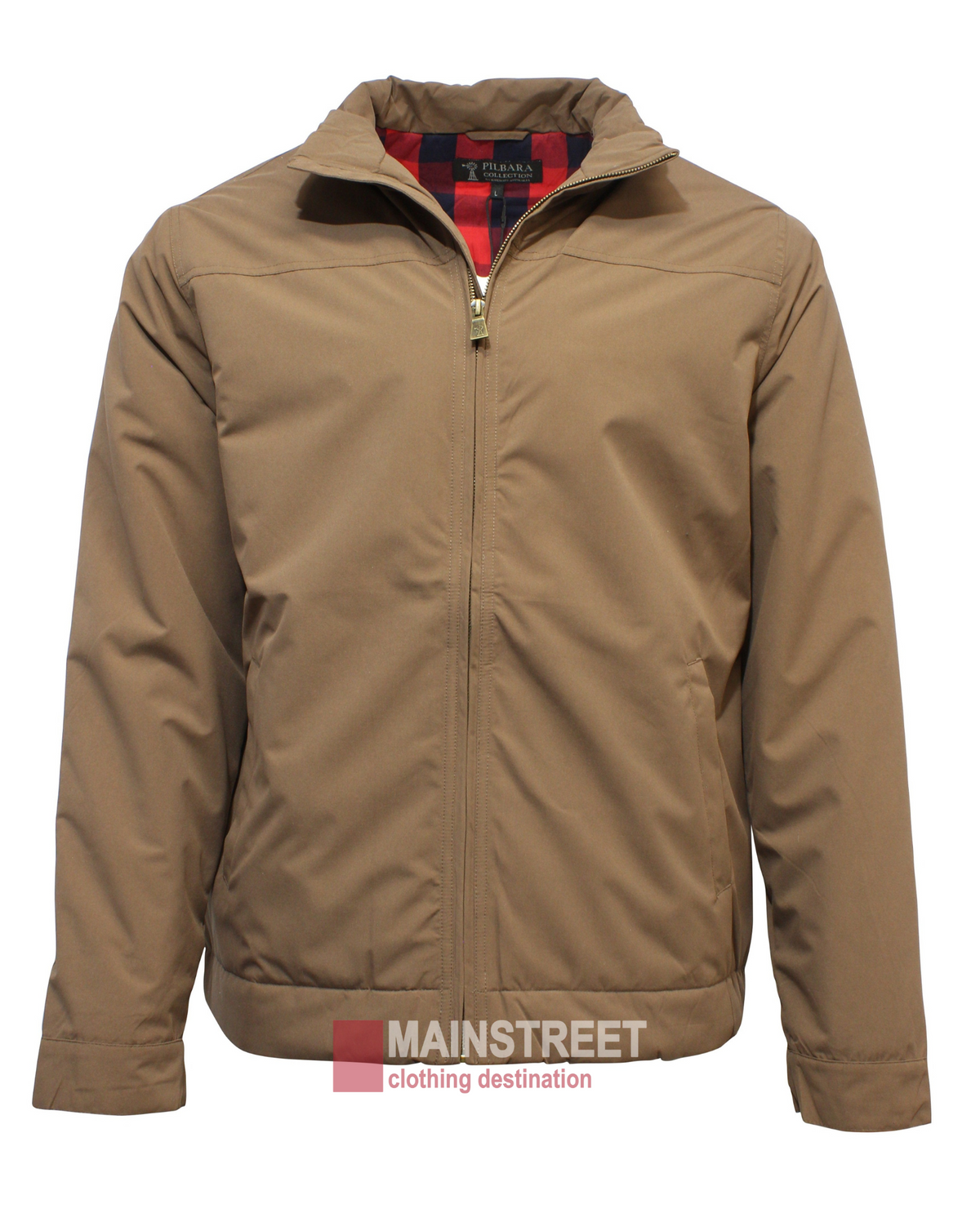 The Pilbara Quilted Jacket, a classic fit tan zip-up with a high collar, is displayed against a white backdrop. Its interior and collar lining are vibrant red, featuring a practical waterproof coating. "MAINSTREET clothing destination" branding appears at the bottom of the image.