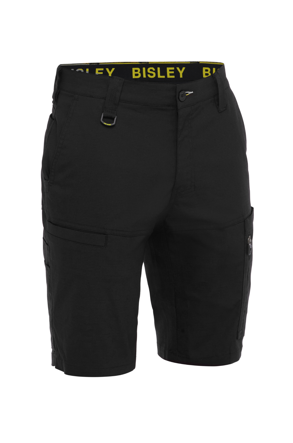 The Bisley X Airflow Stretch Ripstop Vented Cargo Shorts, made of stretch ripstop fabric, include multiple pockets and a button-zipper front. The waistband displays "BISLEY" in yellow on black, while reflective zip leg vents add comfort and style.