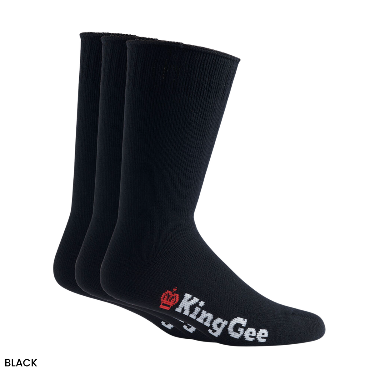 The King Gee Bamboo 3pk Work Sock, featuring three black pairs with the brand name and red crown logo near the toe, offers a breathable design for comfort. "BLACK" is visible in the bottom left corner.