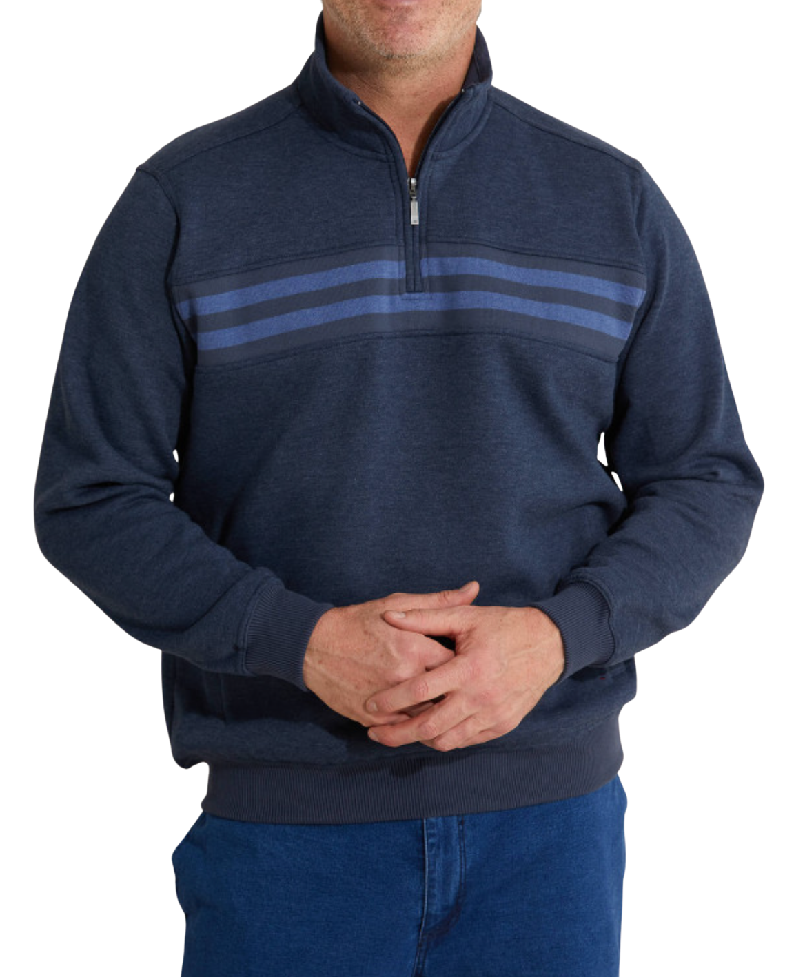Draped in the Breakaway Nix Snowy Mt Fleece Half Zip with horizontal chest stripes, this individual pairs it perfectly with matching blue pants. Their hands are clasped, creating an air of mystery while keeping their upper face hidden.