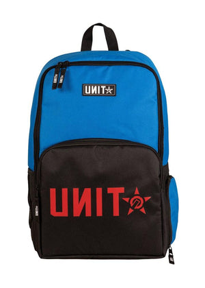 The UNIT Form Backpack features blue and black panels, a red star logo on the front pocket, a top handle, two main zippered compartments (including a laptop compartment), and zip pulls labeled "UNIT.