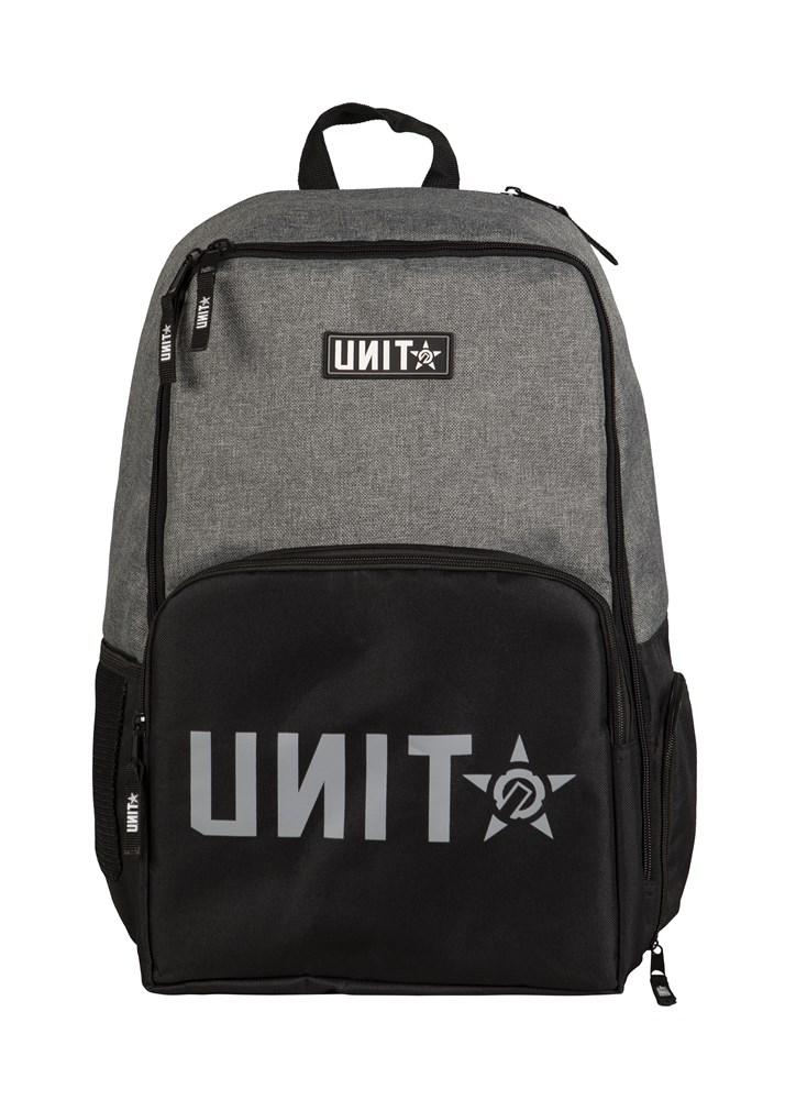 The UNIT Form Backpack in gray and black features a front zipper pocket, star logo, white "UNIT" print, secure zipper closures, and a dedicated laptop compartment for convenience.