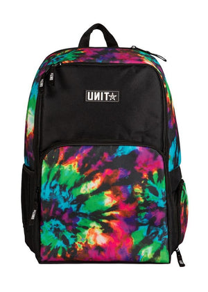 The UNIT Toxin Backpack showcases a vibrant rainbow tie-dye front and sides, black top and zippers, an upper front UNIT logo patch, plus a padded laptop compartment for added convenience.