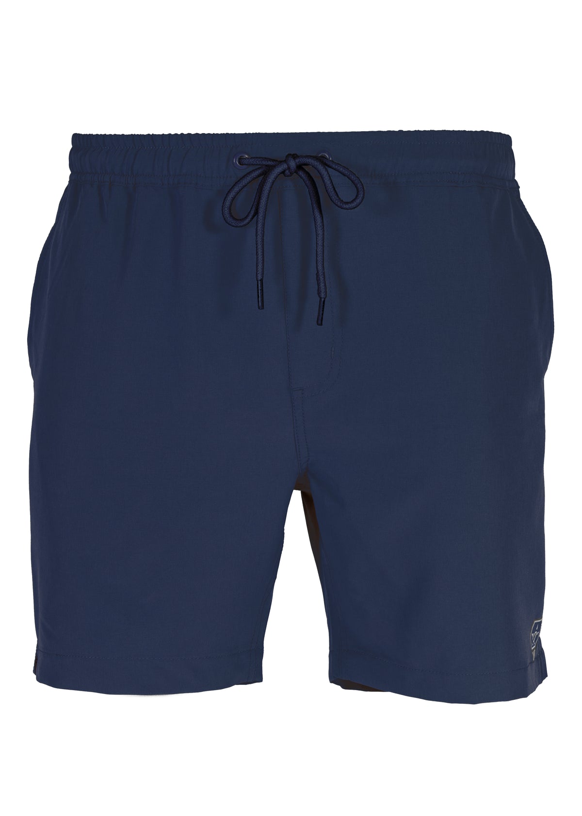 The UNIT Boardwalk Elastic Waist Short for men in navy blue features 4-way stretch fabric, an elastic waistband with a drawstring tie, and side pockets, shown against a white background.