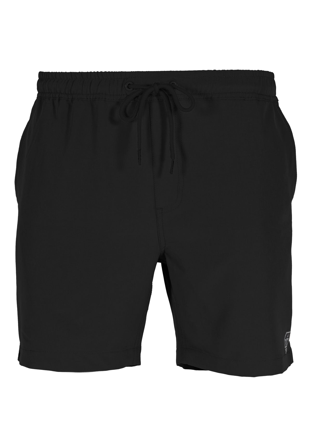 The UNIT Boardwalk Elastic Waist Short in black features 4-way stretch, an elastic waistband, quick-dry fabric, and side pockets, shown on a white background.