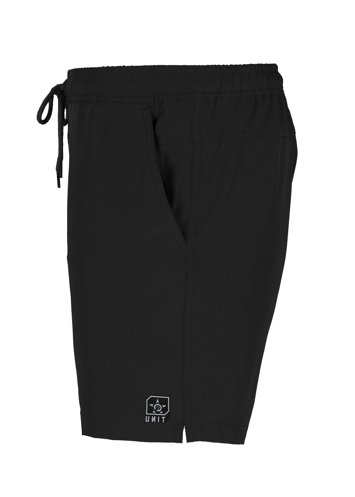 The UNIT Boardwalk Elastic Waist Short features an elastic waistband, drawstring, side pocket, and a small white logo near the hem. Made with quick-dry, 4-way stretch fabric for comfort and flexibility. Displayed on a white background.